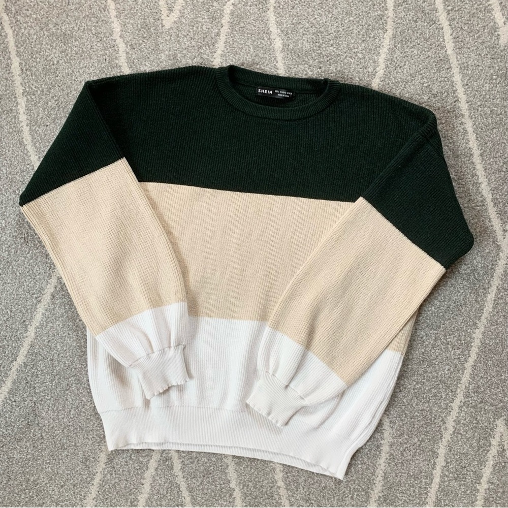 SHEIN Forest Green, Tan and Ivory Color Block Oversized Crew Neck Sweater